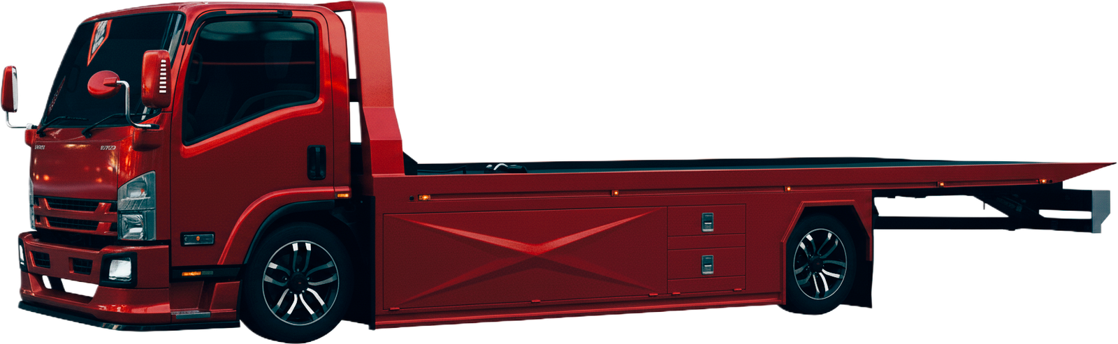 سطحة هيدروليك حمراء بدون حمولة، ترمز لخدمة نقل السيارات الفاخرة والمنخفضة من الخرج.