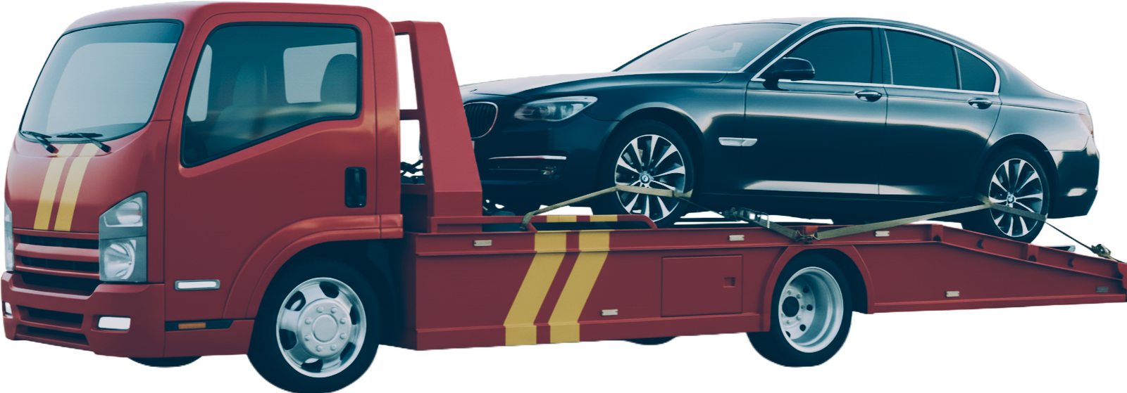 شاحنة سطحة حمراء تنقل سيارة سيدان فاخرة سوداء مؤمنة عليها من الخرج